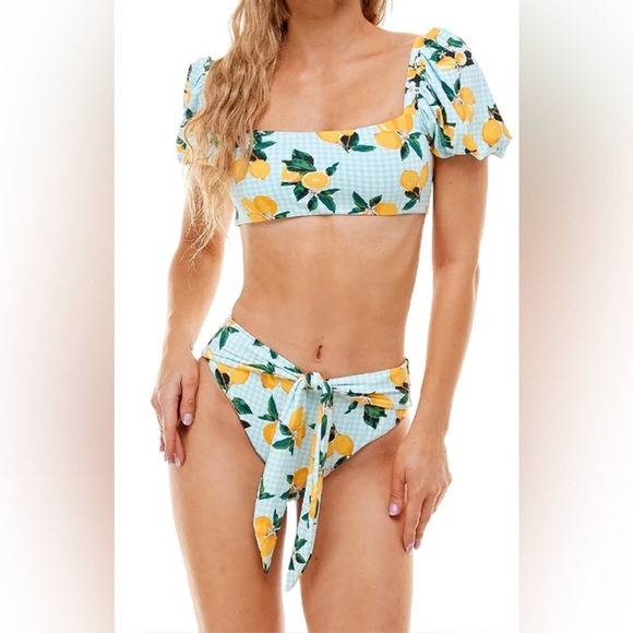 NWT! Envya Women's Lemon Print Off-Shoulder Bikini Size L High-Waisted 2 Pc - Picture 1 of 13